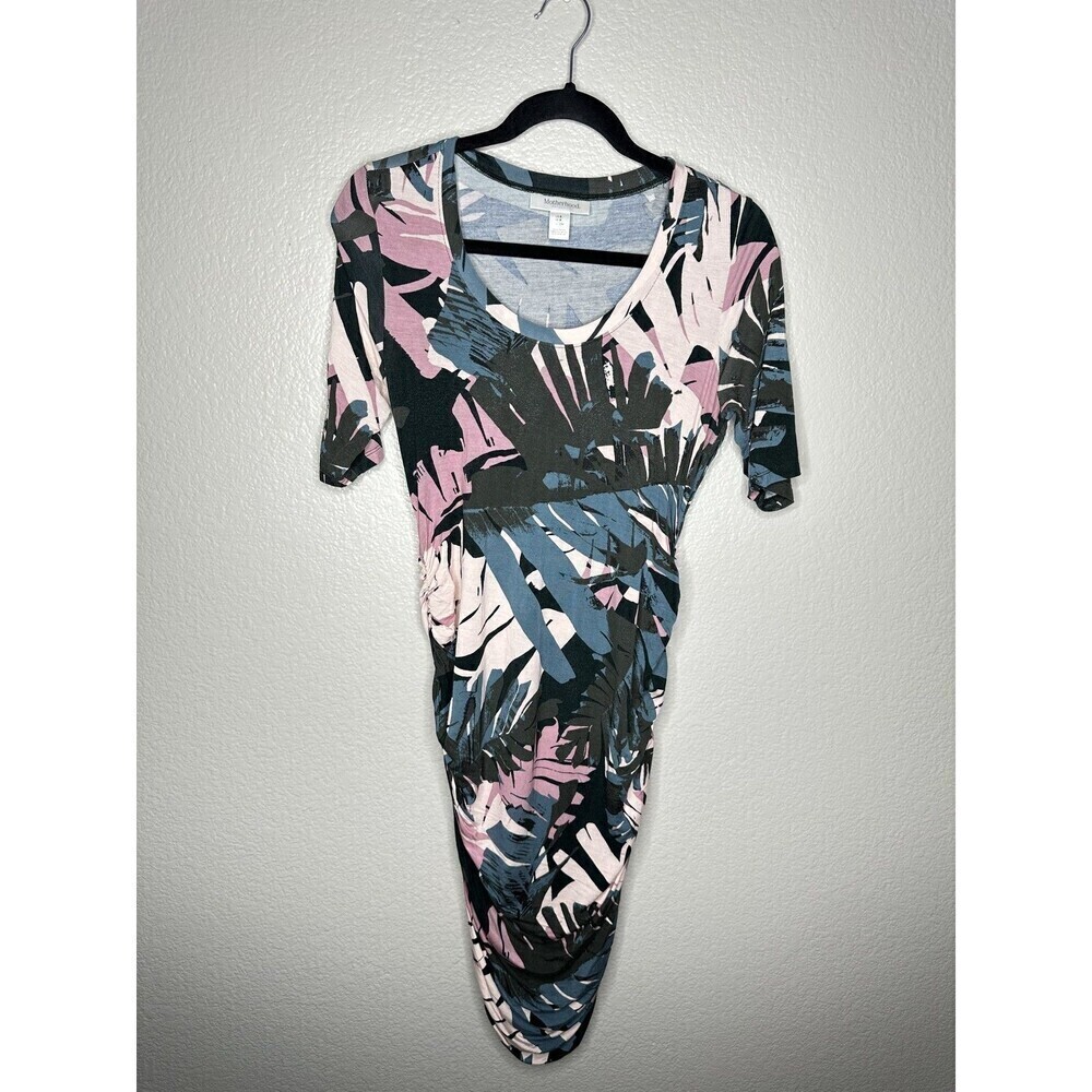 Motherhood Maternity Dress Womens Small Ruched Tropical Leaf Print Summer Casual